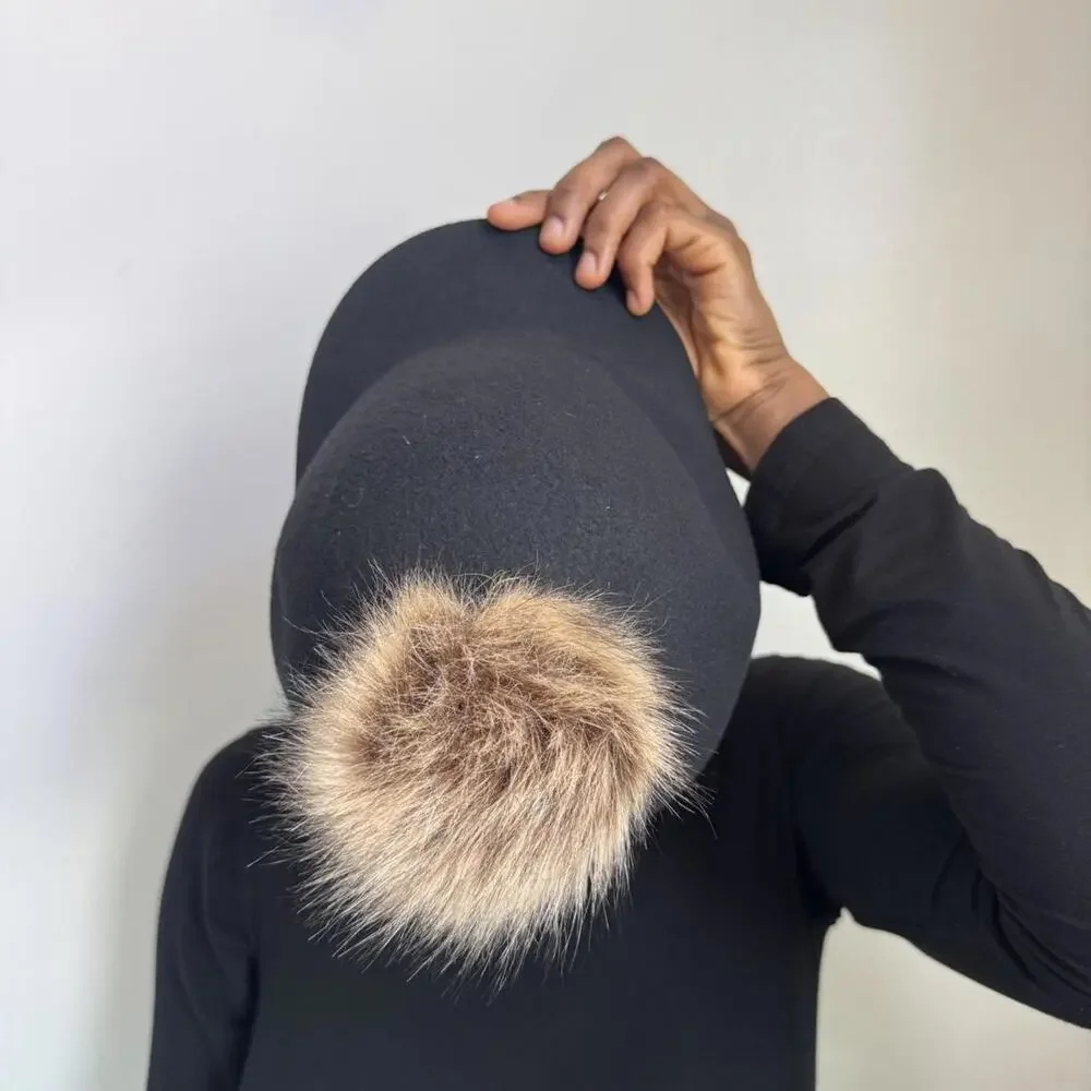 Nine West 100% Wool‎ Riding Cap with Faux Fur Pom